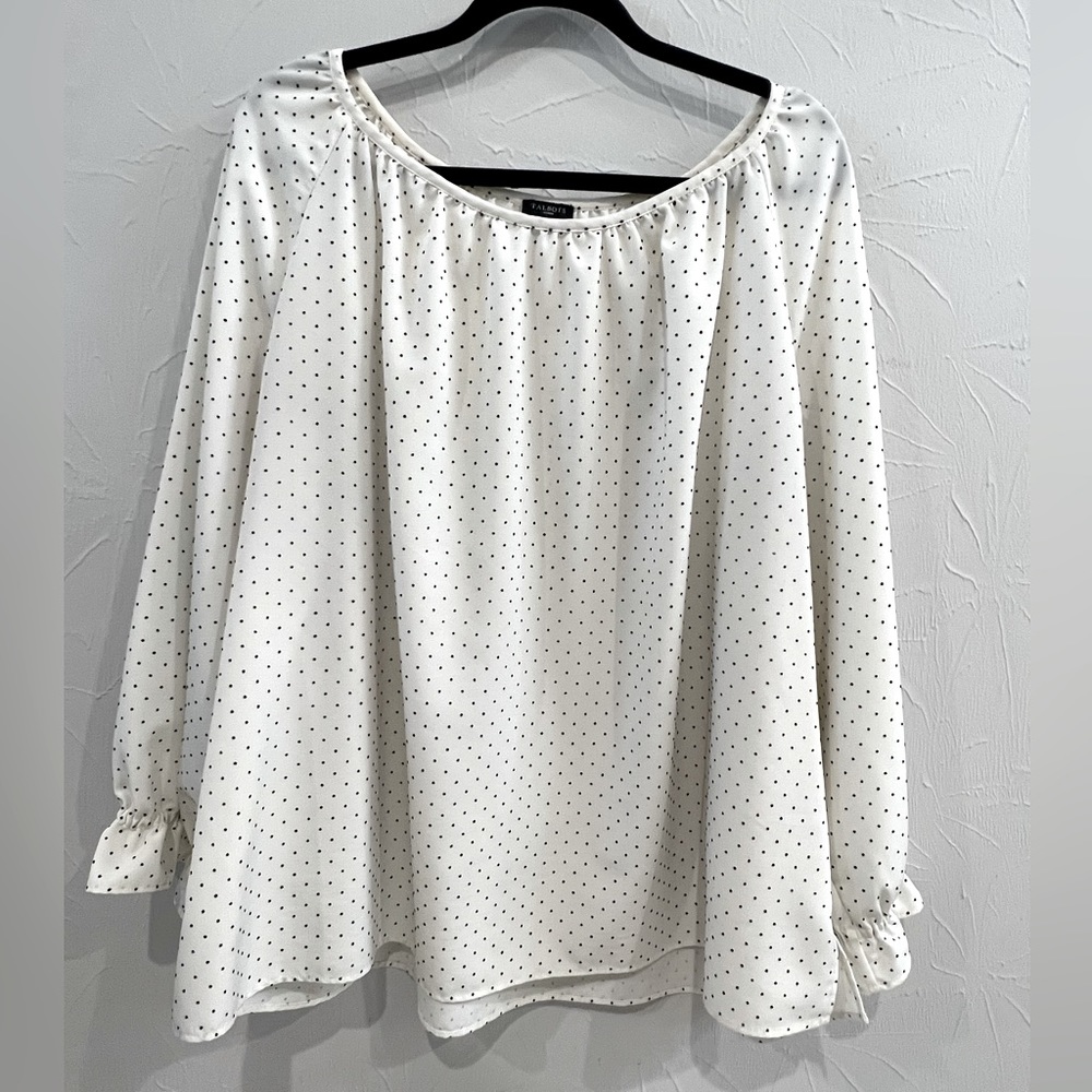 Talbots Womens 2X White Blouse with Small Black Polka Dots